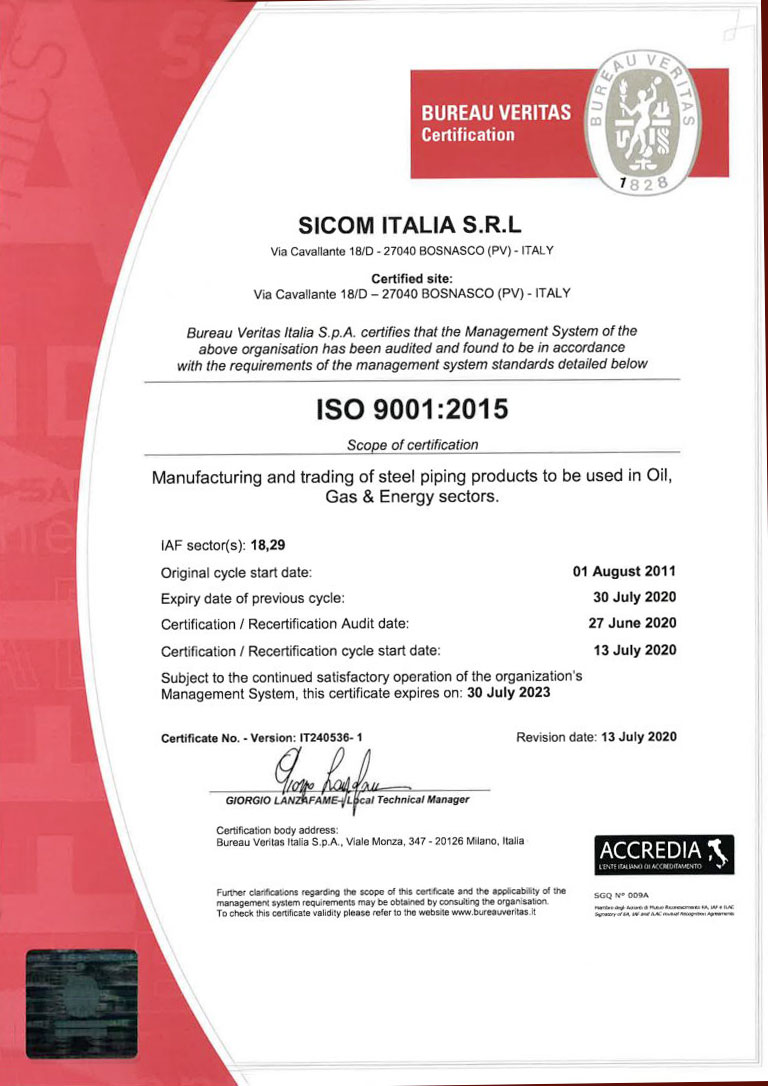 Certificate ISO 99001 SICOM Italia